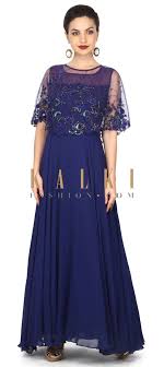Navy Blue Cape With Embroidered Gown Only On Kalki Embroidered Gown Gowns Cape Dress Indian
