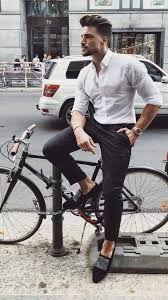Black And White Button Up Shirt Marianodivaio White Button Up Shirt With Rolled Up Sleeves Black Trousers Silver Watch Black Loafers No Mens Fashion Smart Mens Outfits White Shirt Outfits