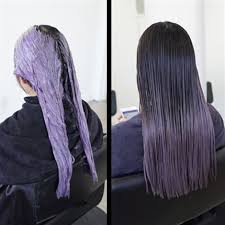 Flattering shorter layers, highlighted in lavender, frame the face and emphasize the color of green and brown eyes. How To Metallic Purple Ombre Behindthechair Com