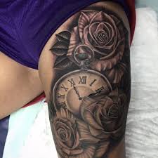 Maybe A Compass Instead Of A Clock Clock And Rose Tattoo Rose Shoulder Tattoo Watch Tattoos