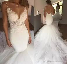 Low Back Tulle Lace Mermaid Wedding Dresses Spaghetti Straps Sleeveless Puffy Tulle Lace Wedding Dress Vintage Lace Mermaid Wedding Dress Long Wedding Dresses