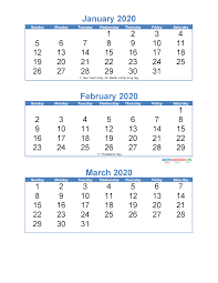 January February March 2020 Calendar 3 Months Per Page Free Printable 2020 Calendar Templates 3 Month Calendar Monthly Calendar Printable Calendar Printables