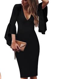 Deep V Neck Cutout Flounce Zips Bust Darts Plain Bell Sleeve Bodycon Dresses Bodycon Dress With Sleeves Sexy Women Dress Bell Sleeve Bodycon Dress