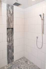 White Tiled Shower Warm Grey Tiled Accent Shower Tile Bathroom Remodel Shower Master Bathroom Renovation