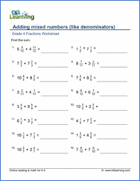 Then we will add and simplify. Grade 4 Fraction Worksheet Adding Mixed Numbers Like Denominators K5 Learning
