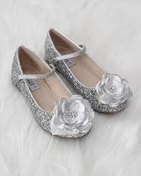 Girls Shoes Silver Rock Glitter Maryjane Flats With Silver Silk Flower Flower Girl Shoes Girls Shoes Girls Dress Shoes