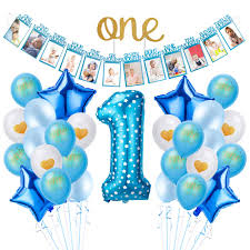 Suloli 1st Baby Boy Birthday Party Decoration Supplies Include 0 12 Baby Month Banner I Am One Banner Cake Topper Foil 1 Balloons For Boys Blue Buy Online In Sweden At Sweden Desertcart Com Productid
