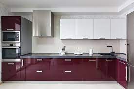 Interior of lavender kitchen with burgundy cabinets, stainless steel appliances, white counter tops and tile floor. Two Tone Kitchen Cabinet Ideas How Use 2 Colors In Kitchen Cabinets