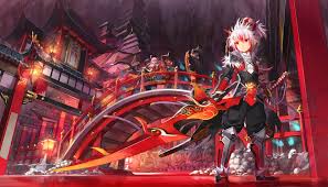 The amount of male anime characters that wear red predominately and have white hair is so high that it's a little suspicious. Animal Armor Bones Building Elesis Elsword Elsword Elsword Character Horns Male Pink Eyes Scorpion5050 Skull Sword Weapon White Hair Konachan Com Konachan Com Anime Wallpapers
