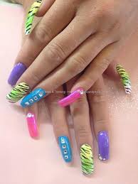 Multi Coloured Nail Art With Swarovski Crystals Over Acrylic Nails Swarovski Nails Colourful Acrylic Nails Nail Design Inspiration