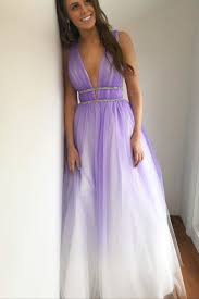 Princess A Line V Neck Ombre Purple Long Evening Dress Tulle Prom Dress Purple Prom Dress Plus Size Prom Dresses