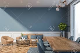 The blue and brown isn't a very popular color scheme, let alone as a dining this dining room boasts gray walls and brown floors. Interior Of Modern Dining Room With Gray And Tile Walls Long Stock Photo Picture And Royalty Free Image Image 120868419