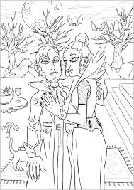 Colorsuki has an ever increasing carefully curated collection of coloring pages for adults, from a variety of categories in one place, so that your search ends here. Couple Of Vampires Full Version Halloween Adult Coloring Pages