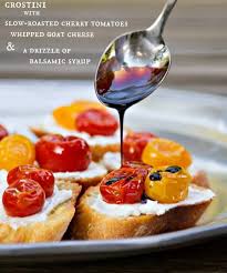 Spread the goat cheese thickly on each piece of bread, and top with the tomatoes from two skewers. Crostini And Goat Cheese Tomatoes Balsamic