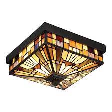 Art glass shade handblown by skilled artisan. Quoizel Inglenook 11 In Valiant Bronze 2 Light Tiffany Style Outdoor Flush Mount Ceiling Light Tfik1611va Rona