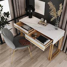 Vendor 3985 monarch mc150d 5 drawer writing desk with. 39 Rectangular White Office Desk With Drawers Marble Veneer Top Gold Hardware