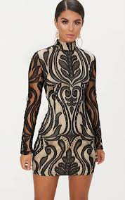 Black High Neck Bodycon Dress New Year S Eve Outfit Pretty Little Thing Fashi Lace Bodycon Dress Long Sleeve Black Long Sleeve Dress Black Lace High Neck Dress