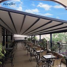 Patio cover with retractable roof. Fully Retracted Electric Aluminum Retractable Roof Sunlight Shade Patio Awning Covers Buy Patio Awning Covers Retractable Roof Aluminum Retractable Roof Product On Aluminum Pergola Alunotec