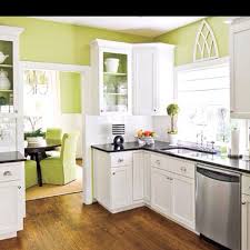 Green Kitchen White Cabinet Dark Counter Top But With Gray Ceramic Tile Floors Green Kitchen Inspiration Kitchen Inspirations Home Kitchens