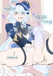 redfuchsia, furina (genshin impact), genshin impact, clothes, highres,  1futa, ahoge, blush, brooch, english text, erection, futanari, futanari  masturbation, hat, heterochromia, jewelry, large penis, long hair,  masturbation, no panties, open mouth ...