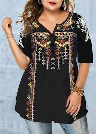 Plus Size Tribal Print Split Neck T Shirt Modlily Com Usd 28 64