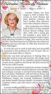 Aug 07, 2012 · at tributes.com we believe that every life has a story that deserves to be told and preserved. Lorraine Kennedy Gaines Obituary Auburn Reporter