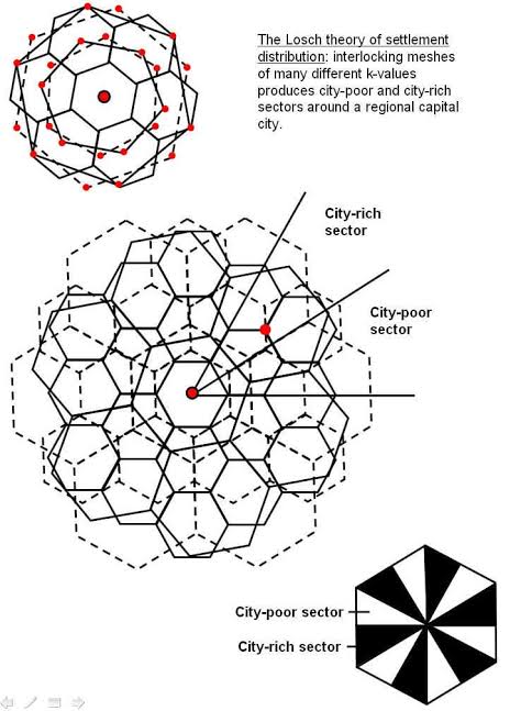 Interlocking hexagonal grids creating city-rich and city-poor sectors, AI generated