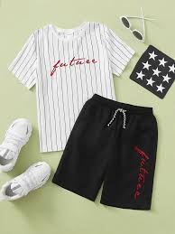 Boys Letter and Striped Print Top & Shorts Set
