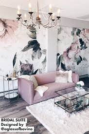 Modern Rustic Glam Luxury Bridal Suite With Floral Wallpaper And Blush Velvet Sofa Designed By Alisa Bovino Aglassof Glam Interior Design Decor House Interior
