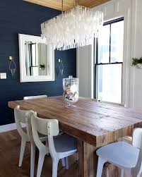 Modern Farmhouse Dining Room With Navy Blue Shiplap And White Board And Batten Walls Modern Farmhouse Dining Room Blue Dining Room Walls Minimalist Dining Room