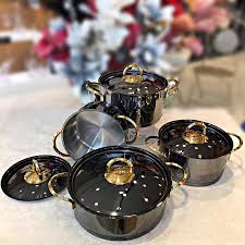 Blender setler, el mikserleri, doğrayıcı ve rondolar. 8 Parca Celik Tencere Titanyum Silindir Set Siyah Gold Sap Tencere Seti Oms