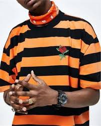 Black And Orange T Shirt Mens Black And Orange Striped T Shirt Rose Flower Embroidered Tee Shirt For Men Embroidered Tee Shirt Embroidered Tee Stripe Tshirt