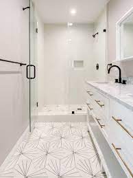 Linear Pattern Cement Hexagon Tile Bathroom Modern Bathroom Design Hexagon Tile Bathroom Bathrooms Remodel