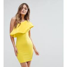 Club L One Shoulder Ruffle Structure Detail Dress 45 Liked On Polyvore Featuring Dre Bodycon Dress With Sleeves Ruffle Bodycon Dress Cocktail Dress Yellow