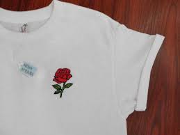 Single Rose Embroidered X2f Stitched T Shirt White Shirt With Red And Green Stitching Made To Order Handmade So No Two Are Alike Shirts Single Rose T Shirt