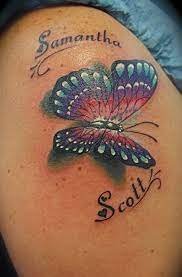 Samantha Scott Colorful 3d Butterfly Tattoo Design For Shoulder Butterfly Tattoos For Women Butterfly Name Tattoo Butterfly Tattoo Cover Up