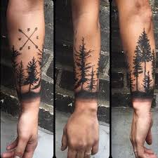 Black Ink Forest Tattoo On Arm Forest Tattoos Nature Tattoo Sleeve Tattoos