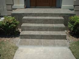 Front porch tile and concrete design ideas. Exterior Posh Gray Step Ladder Concrete Porch With Blue Entrance Door As Inspiring Rustic Home Facade Lands Front Door Steps Concrete Front Steps Front Stairs