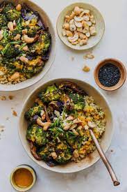 Roasted Veggie Quinoa Bowls With Miso Turmeric Vinaigrette Recipe Veggie Quinoa Bowl Vegetarian Recipes Whole Food Recipes