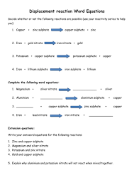 Single replacement reactions classwork type 3 involves replacement of an element in a compound. Displacement Reaction Word Equations Teaching Resources