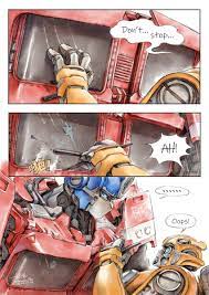 bumblebee (transformers), optimus prime, transformers, commentary, english  commentary, highres, , 2boys, alien, autobot, blue eyes, comic, english  text, glowing, glowing eyes, grabbing, holding, implied yaoi, insignia,  machinery, mecha, moaning 