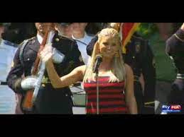 And the rockets' red glare, their bombs bursting in air gave proof through the night that our flag was still there. Jessica Simpson Singing National Anthem At T National Golf 7 2 2009 Youtube