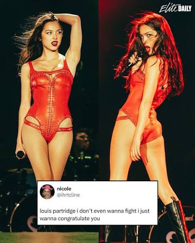 SAVE ME, OLIVIA RODRIGO IN THIS C*NTY RED BODYSUIT, SAVE MEEE ❤️🖤❤️🖤  Photos: @lollapaloozacl / @estricolor #OliviaRodrigo (ihrtcline,  louliviarchive on X)