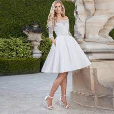 Whether you want a short wedding dress or a fashionable reception alternative, this lace shift dress with short sleeves is a playful option. Fa199 Short Wedding Dress Knee Length Vestido De Noiva Boat Neck Off Shoulder Half Sleeve Lace Top A Line Satin Bridal Gown Buy Long Sleeve Wedding Gowns Short Wedding Dress Wedding Dress Knee Length Product