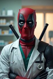 A close up of a deadpool laying in a hospital bed