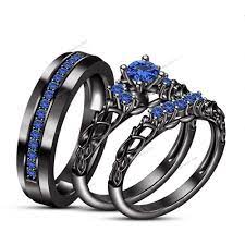 Round 1 20 Ct Blue Sapphire Engagement Trio Ring Set With 14k Black Gold Finish Gothic Engagement Ring Wedding Ring Trio Sets Black Gold Jewelry