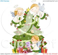 Royalty-Free (RF) Clipart Illustration of Three Adorable Angels Trimming A  Christmas Tree And Arranging Presents by BNP Design Studio #84540