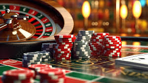 Meja casino dengan kartu, chip, dan roulette modern
