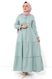 pileli kollari lastikli tesettur elbise tsd0173 mint elbise moda stilleri elbise modelleri