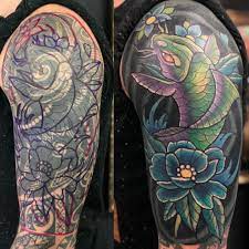 Koi Cover Up Tattoo By Nathan Limited Availability At Revival Tattoo Studio Shoulder Cover Up Tattoos Best Cover Up Tattoos Tattoo Sleeve Cover Up